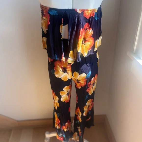 AKIRA Strapless Floral Jumpsuit - Navy and Orange - Picture 4 of 7